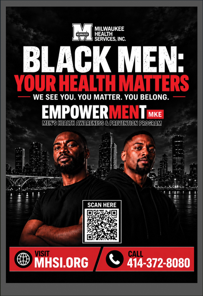 Black, red and white flyer for Men's Empowerment Cancer Screening Flyer